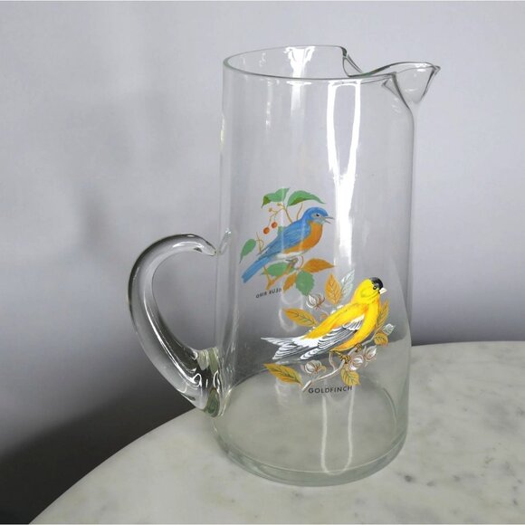 Vintage Glass Pitcher Hand-Painted Goldfinch & Blue Bird West Virginia Glass - Picture 1 of 9